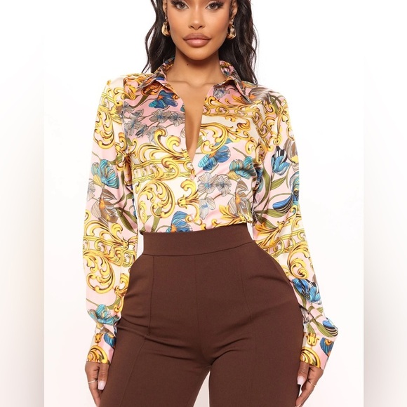 NWT Fashion Nova Melrose Satin Shirt - Pink/combo Size L - Picture 1 of 11